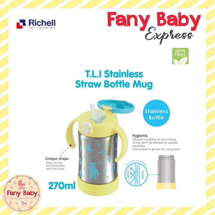 RICHELL TLI STAINLESS STRAW BOTTLE MUG 300ML YELLOW