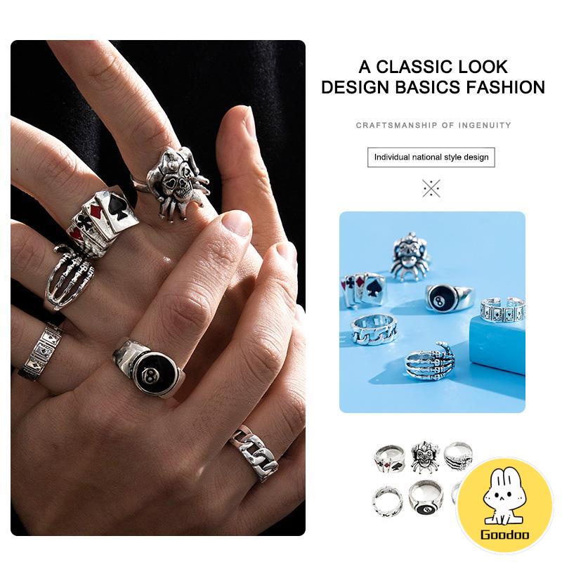 6PCS/Set Cincin Unisex  Punk Membesar-besarkan  Badut Poker Cakar Hantu Tengkorak  Perhiasan Bulat Nomor 8 -Doo