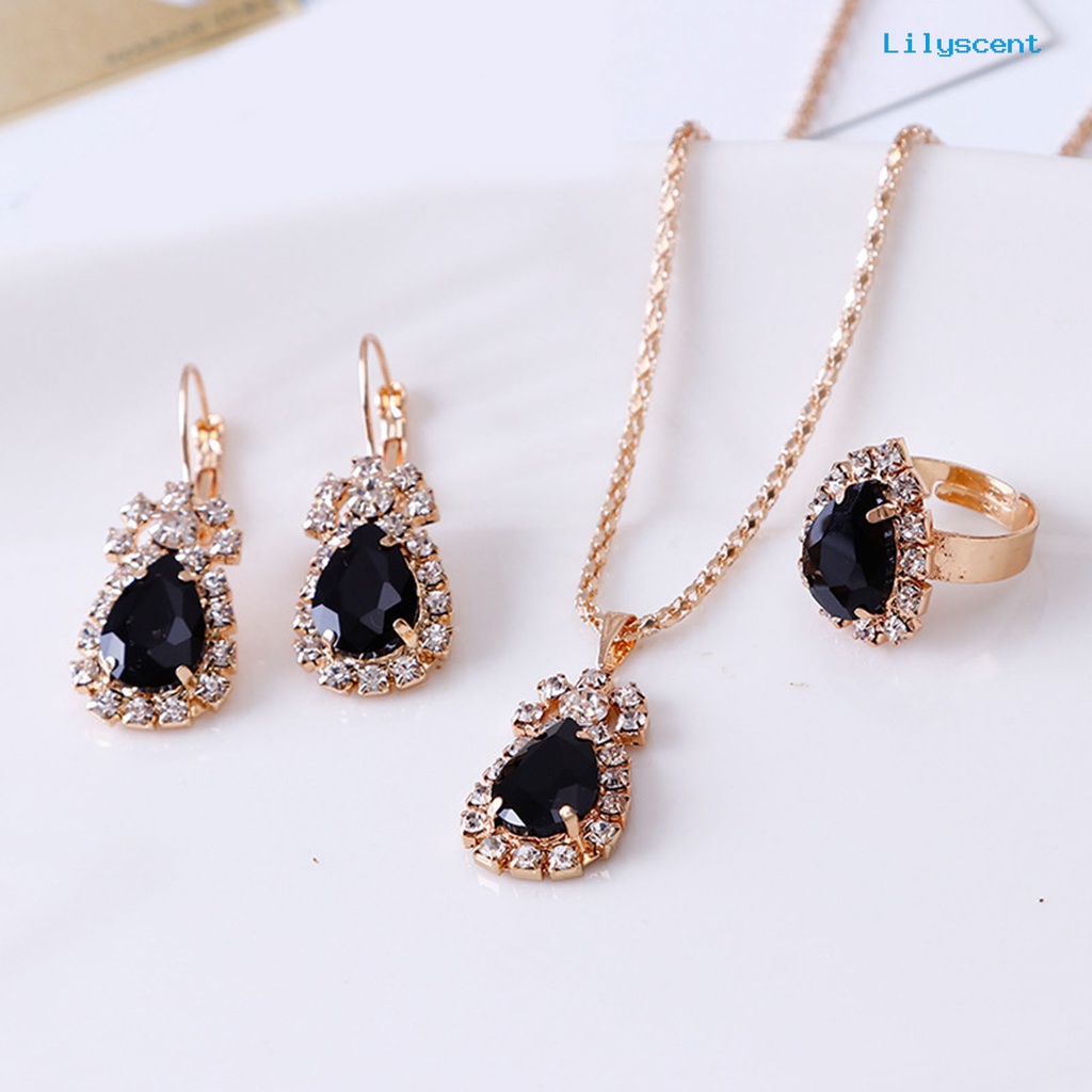 [LS] 3pcs/set Ladies Pendant Necklace Bentuk Tetesan Air Aksesori Tahan Aus Elegan Kalung Menjuntai Anting Cincin Set Untuk Pernikahan