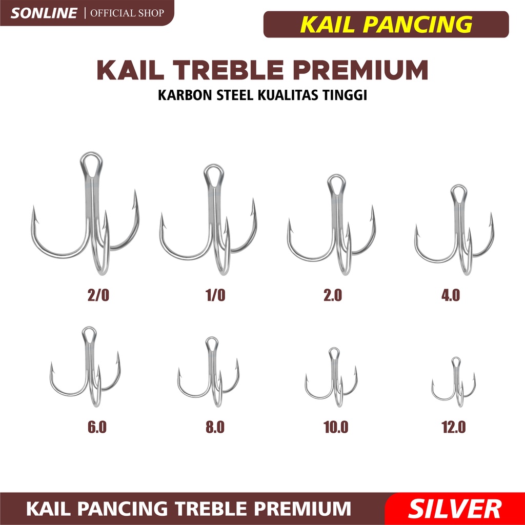 SONLINE Premium Kail Trible Treble Hook Triple Cabang Fukushima High Carbon Steel Treble Hook Tackle