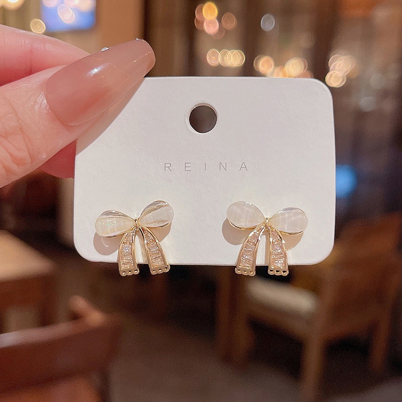 Anting Perak925An Perak Jarum Zirkon Busur Anting Wanita Fashion Acrylic Stud Earrings