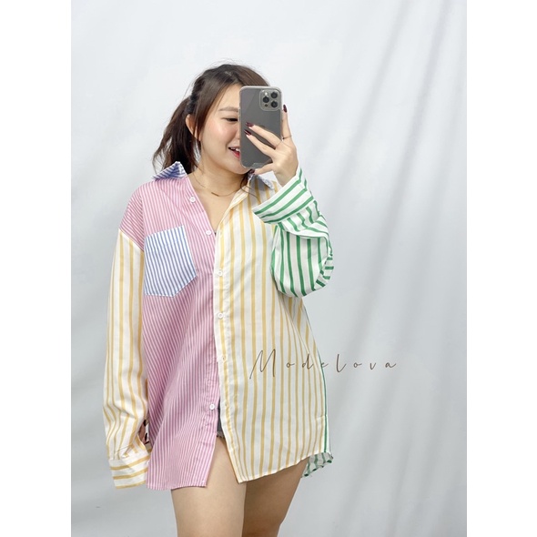 MDLV ~ 2470# Annora Patchwork Striped Shirt Kemeja Salur Import