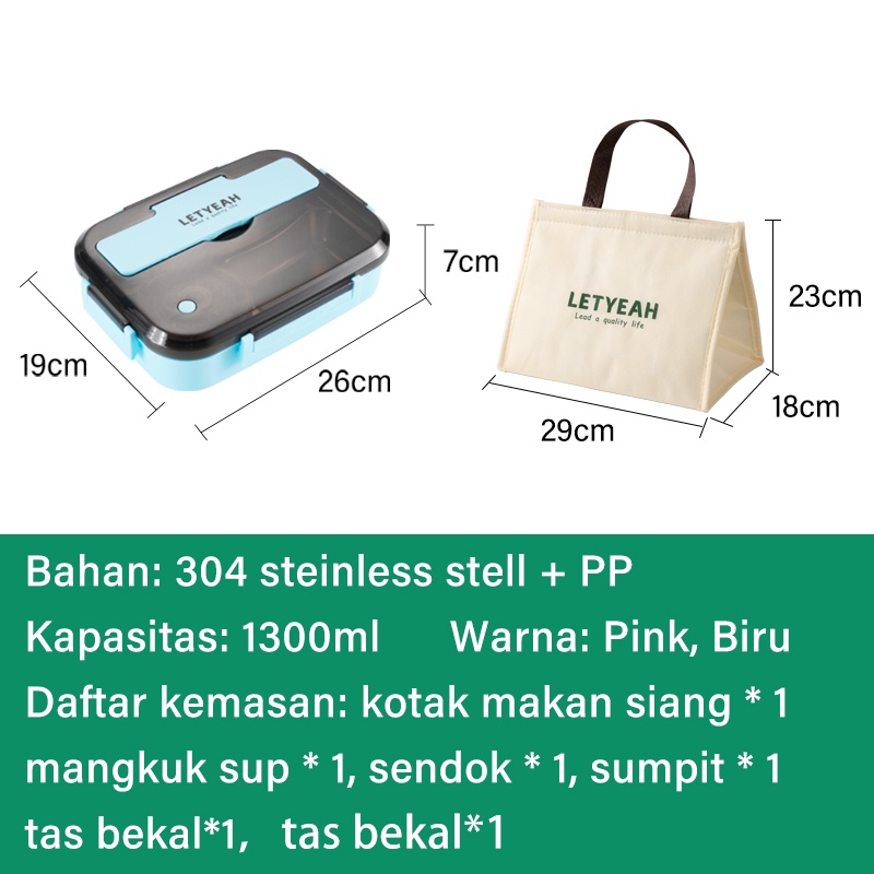 Letyeah &amp; Kaizenliving kotak makan set tas stainless anti tumpah /lunchbox 1300ml bpa free tempat bekal makan