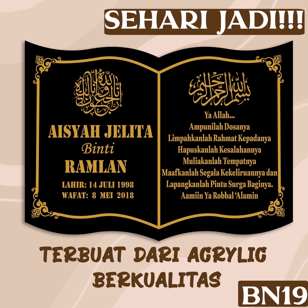 [SEHARI JADI] NAMA NISAN MUSLIM BAHAN AKRILIK CUSTOM | BATU NISAN PRASASTI MAKAM BENTUK BUKU LASER C