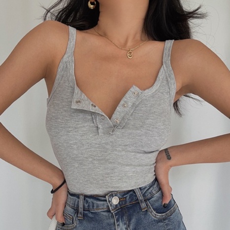 [Premium]Korean Sexy Half Button Rib-knit Crop Top 7282