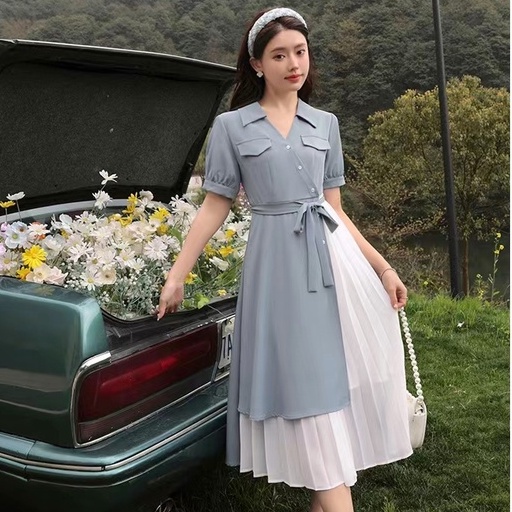 Korea Dress Biru Wanita | Jahitan Kantor Dress Casual Lengan Pendek