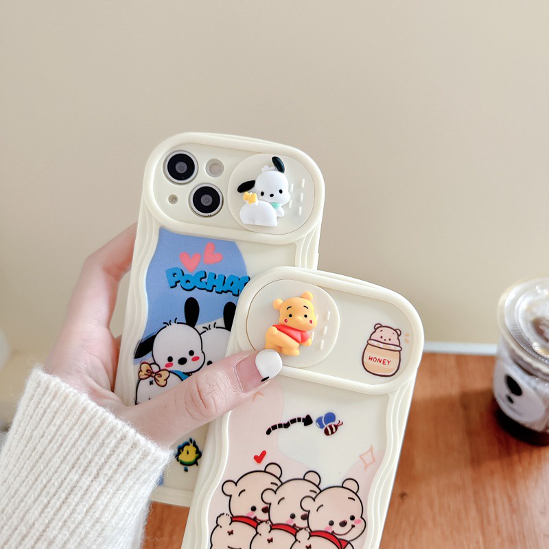 Lovely Pochacco &amp; Bear Doll Push The Window Cover Soft Case iP iPhone 11 12 13 14 Pro Max + Plus Wavy Casing Apple