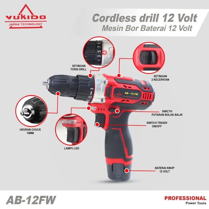 Mesin bor baterai Cordless Drill 12V bor batrai 12v besi kayu YUKIDO