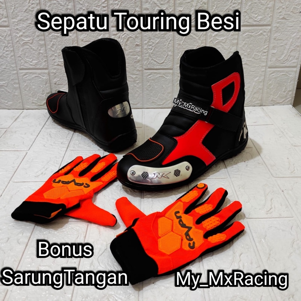 TERLARIS sepatu touring besi BONUS SARUNG TANGAN sepatu sunmori or riding bots sefety sepatu berkendara anti air kualitas premium bots ORANGE BLACK