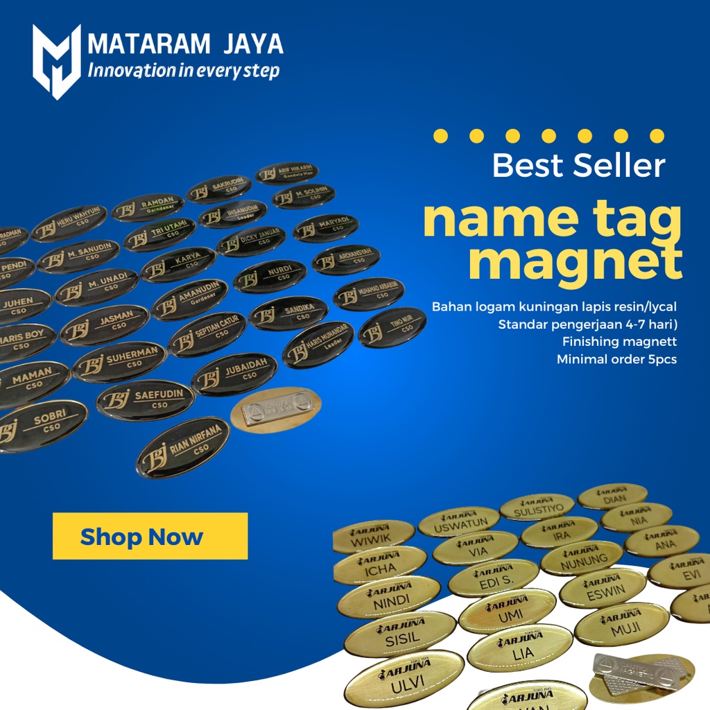 

Name Tag / Nama Dada Logam Lapis Likal finishing magnet minimal order 5pcs