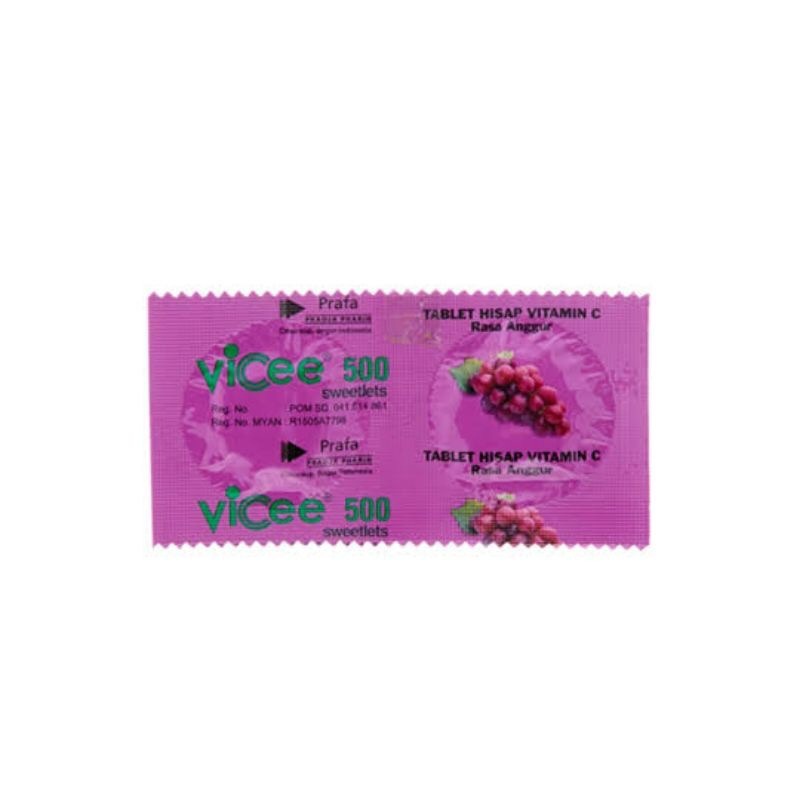 Vicee Vitamin C 500mg. Tablet hisap rasa lemon, jeruk, anggur atau Strawberry 1STRIP 2 TAB