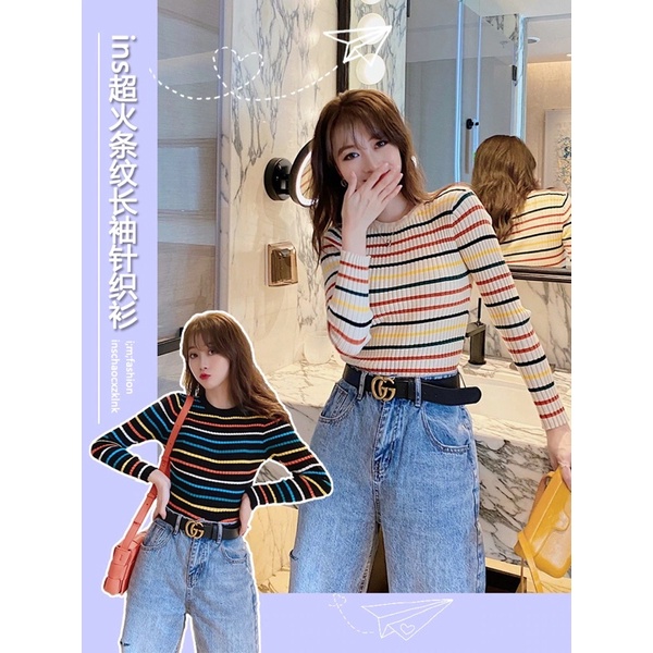 Rainbow Bica knit Sweater Rajut Strip