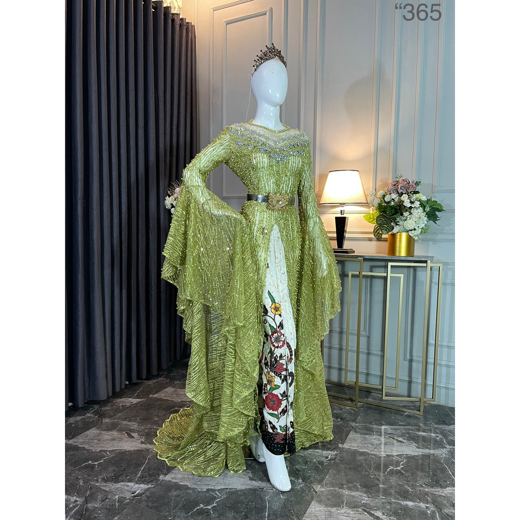 Kebaya pengantin modern wanita hijau lemon