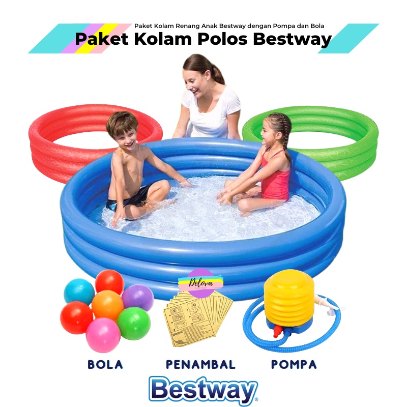 Bestway Play Pool 152 122 102 cm Paket Kolam Renang Anak Jumbo Bulat Polos 3 Ring Pompa Bola 51026 51025 51024