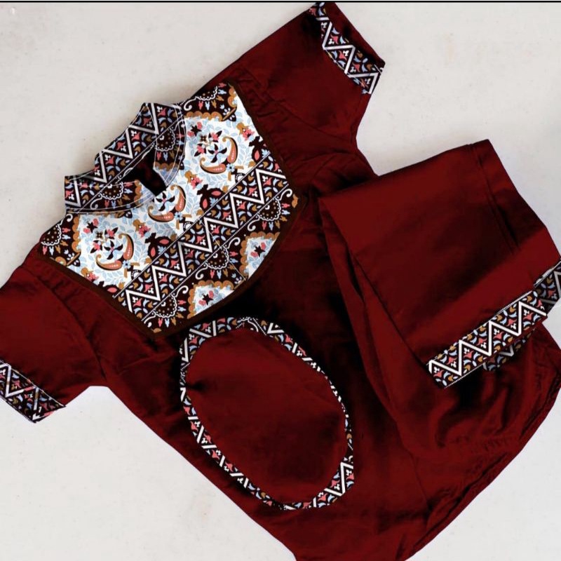 Promo setelan koko batik terbaru anak laki laki usia 1 sampai 10 tahun free peci/baju koko anak/koko anak/kurta anak/koko pakistan/gamis anak/jubah anak-Batik new maroon