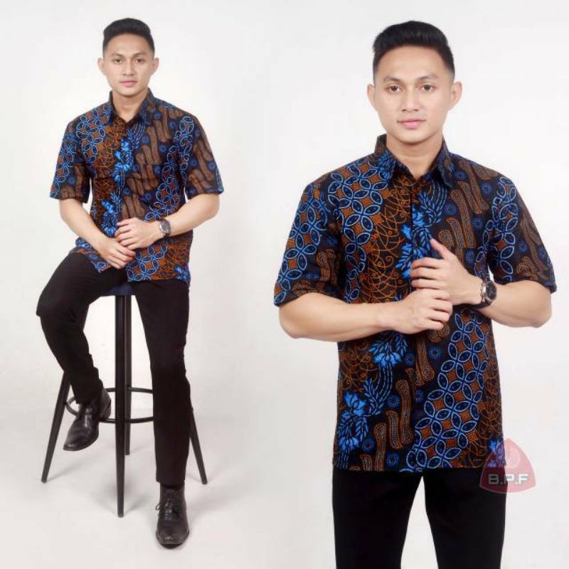 BSWART Batik HRB026 kenongo Hem Pendek anjani biru Pekalongan M L XL Batik Pria MURAH