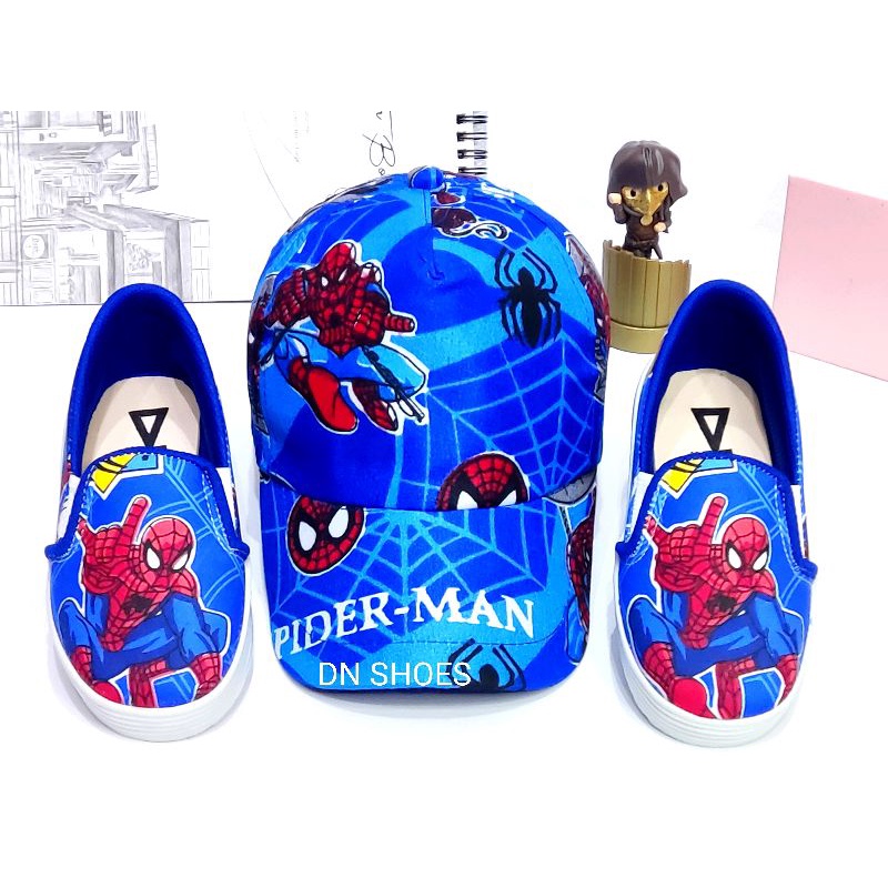 Paket Sepatu Anak Laki laki Topi Anak Paket Slip On Topi Pet Anak Laki Murah Karakter Spider-Man Biru