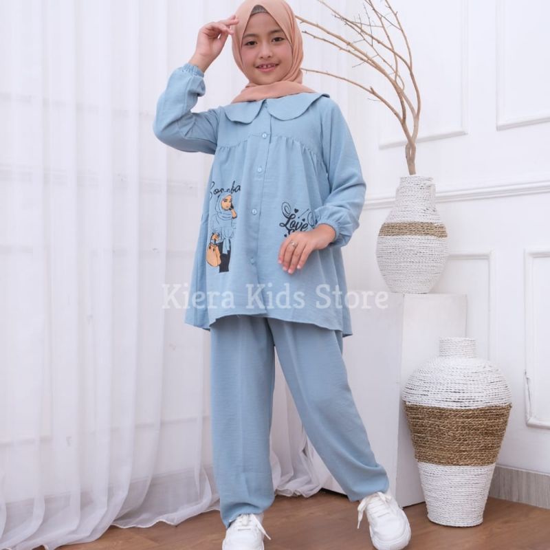 Setelan Anak Perempuan Bahan Crinkle Premium Airflo Motif Gambar Usia 3-12 Tahun