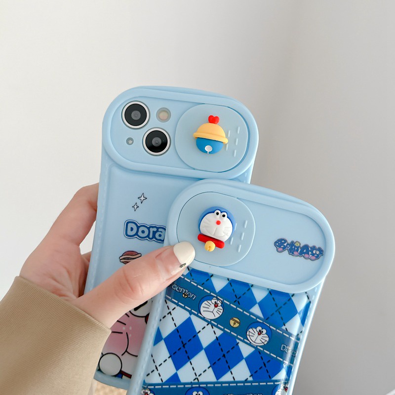 Lovely Doraemon Doll Push The Window Cover Soft Case iP iPhone 11 12 13 14 Pro Max Blue Casing Apple