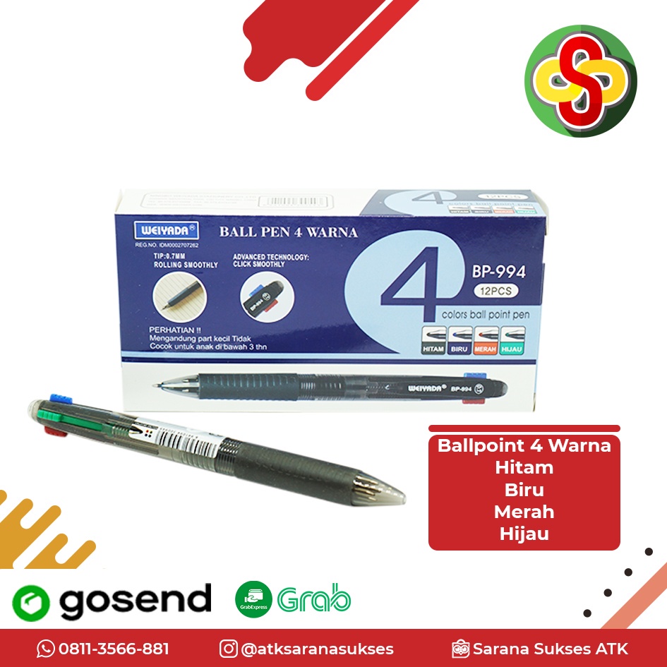 

Pulpen / Ball Pen 4 Warna (Hitam, Biru, Merah, Hijau) BP-994 Weiyada 0.7 mm