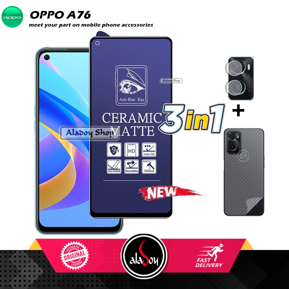 PAKET 3IN1 Anti Gores Blue Matte Anti Glare Oppo A76 + Tempered Glass Camera dan Skin Carbon