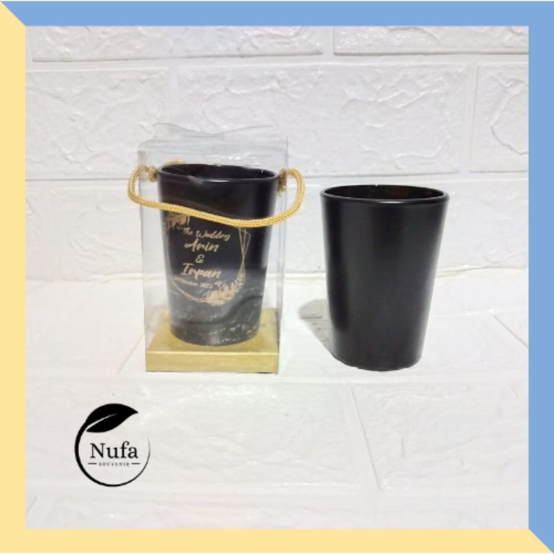 Souvenir pernikahan murah lucu gelas jamu hitam doff