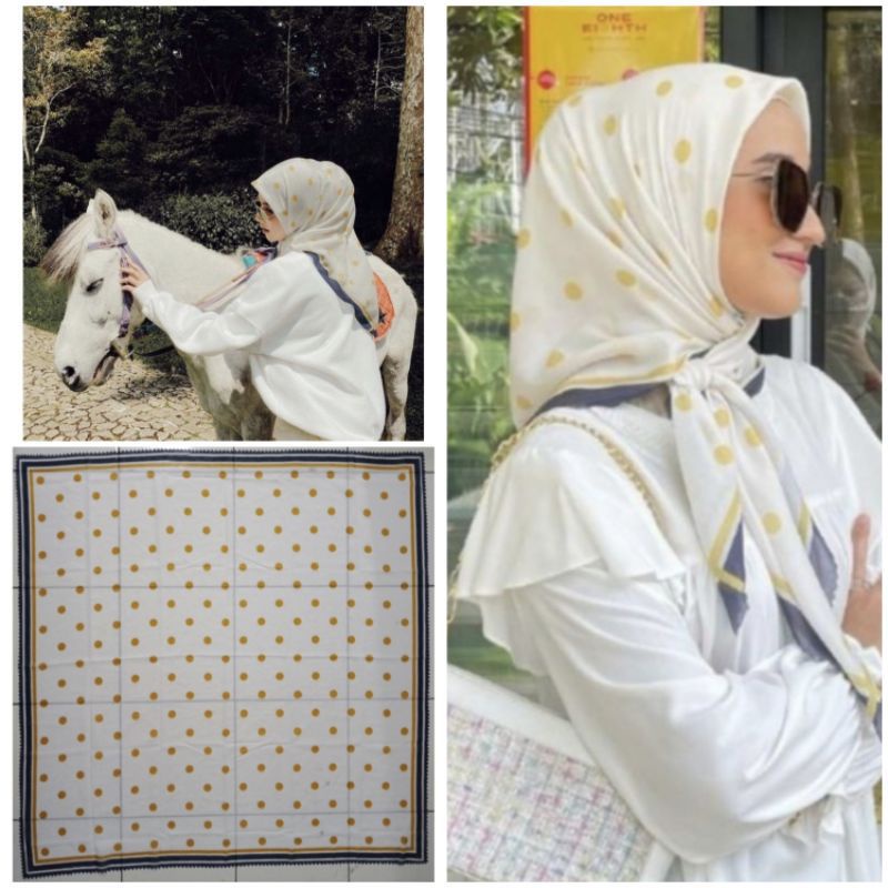 HIJAB SEGI EMPAT VOAL MOTIF POLKADOT PUTIH KUNING KERUDUNG JILBAB MURAH