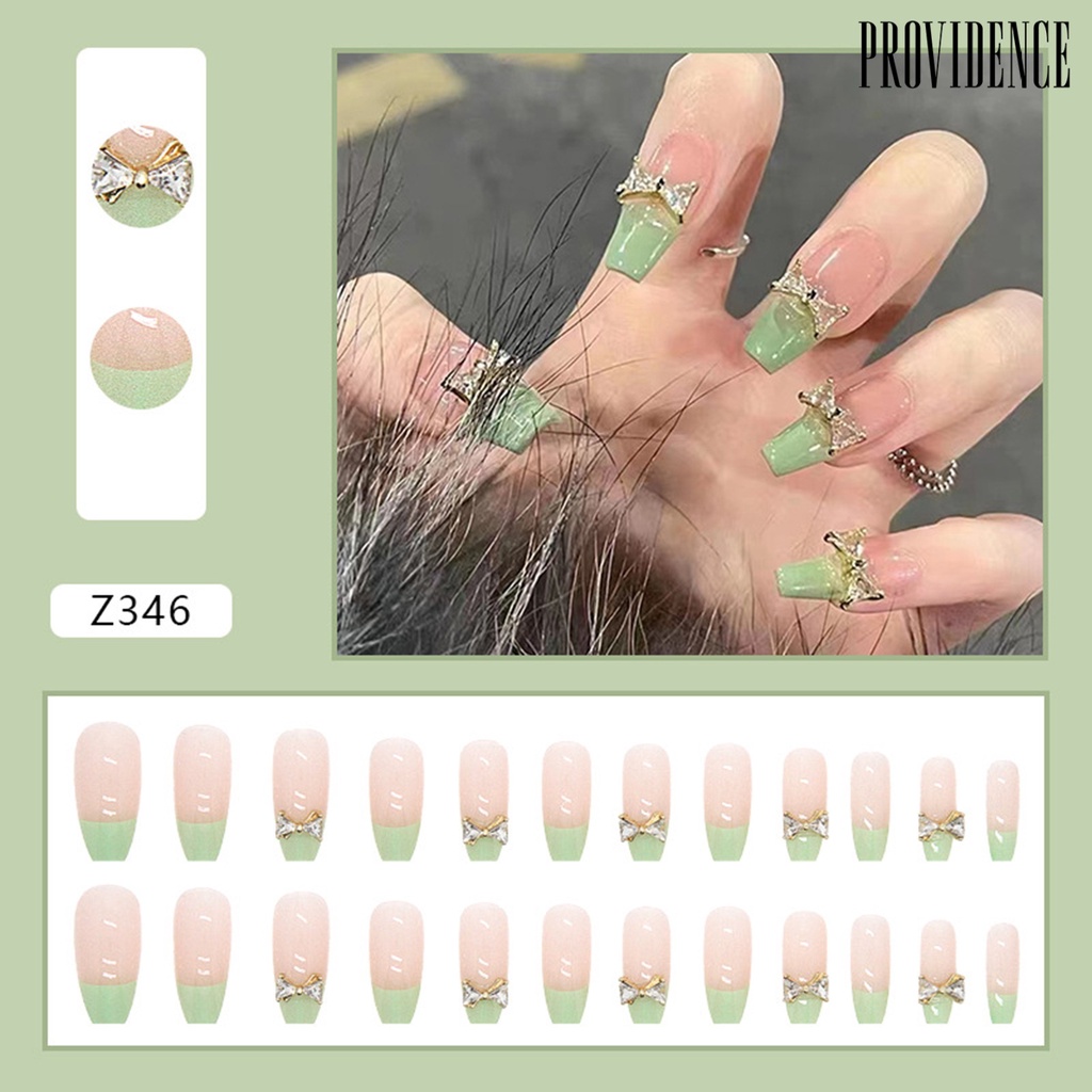 Providence 1set Balet Kuku Palsu Mempesona Efek Visual Mudah Dilepas Penuh Penutup DIY Gaya Panjang Stick on Green Ikatan Simpul Manicure Tips Nail Salon Supply