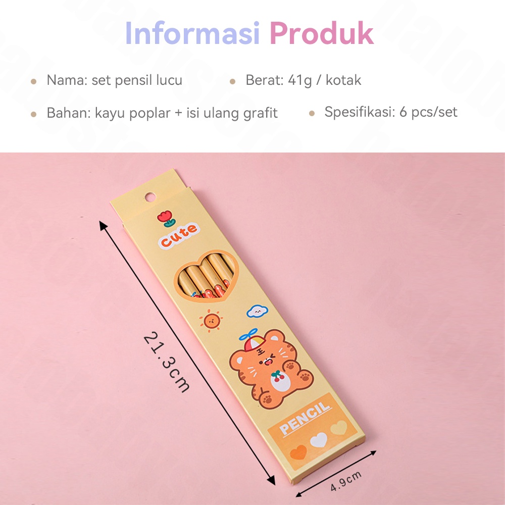 Halo Baby 6Pcs Pensil Set Tulis Motif lucu+ PENGHAPUS/Set Pensil Hb/ALAT TULIS PENSIL