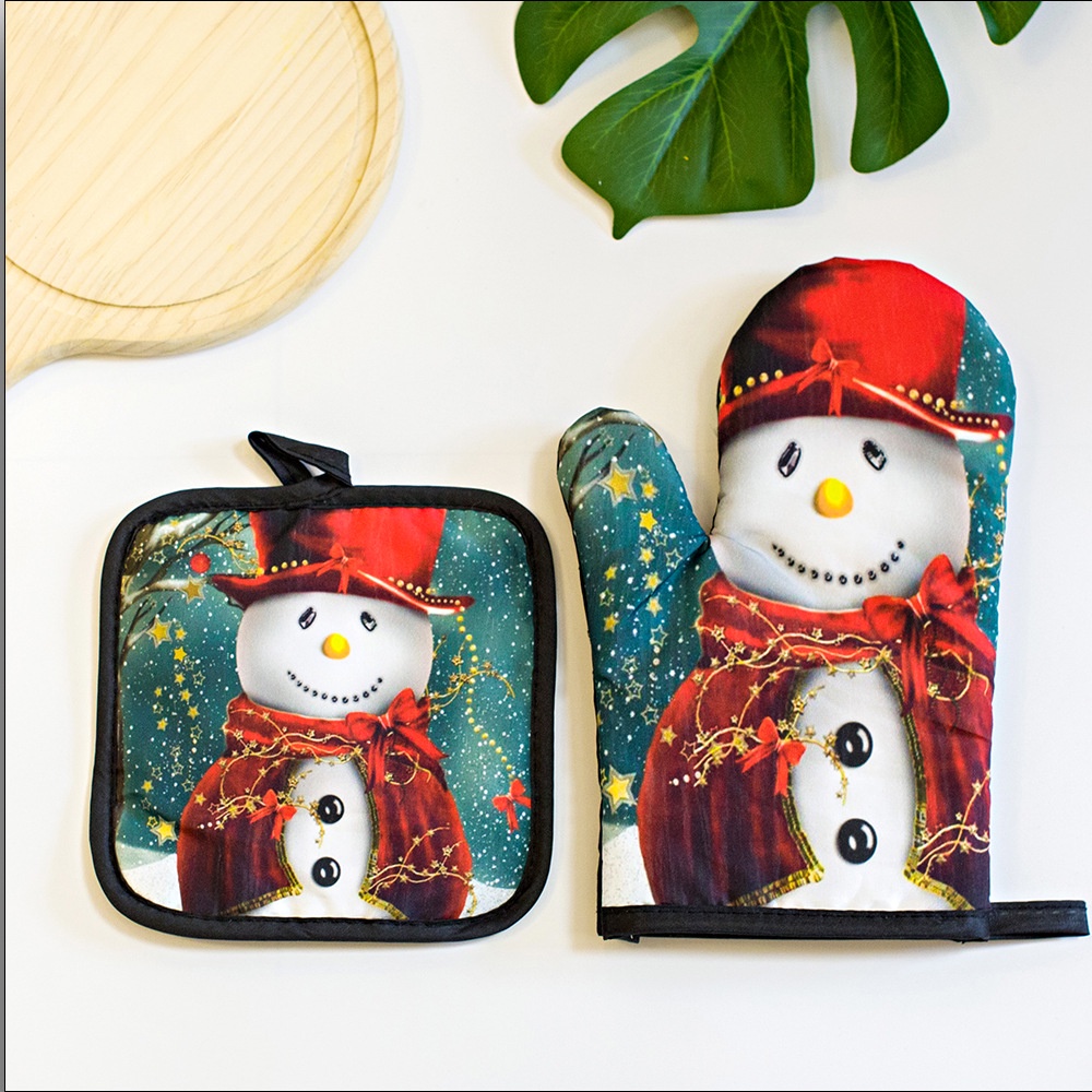 Sarung Tangan Oven Anti Panas Pelindung Tangan Motif Chrimas Natal Santa Snowman Dapur