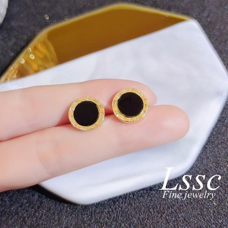 Anting Tusuk Titanium Romawi Bulat Hitam Anti Karat Emas 18K Perhiasan Wanita Fashion Korea