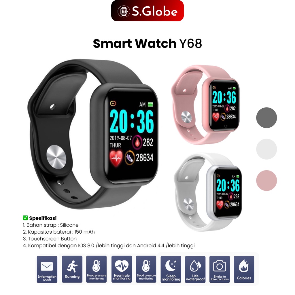 Jam Tangan Pintar Smartwatch Y68 Fitur Olahraga dan Kesehatan Fitnes Tracker