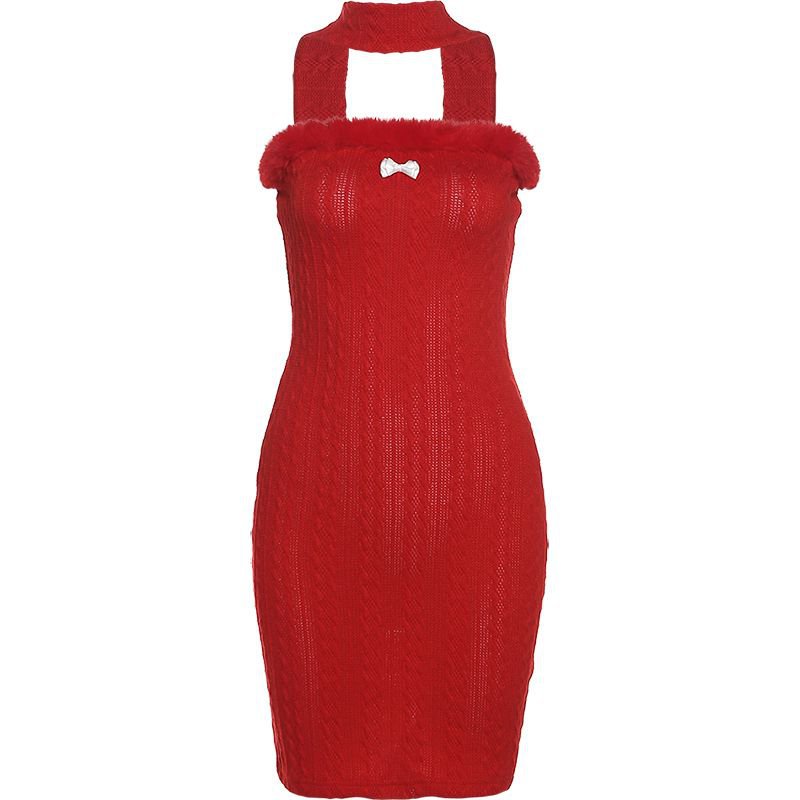 Dekorasi Natal dekorasi Natal bodycon rajutan gaun kardigan wanita vintage fashion gaun pendek