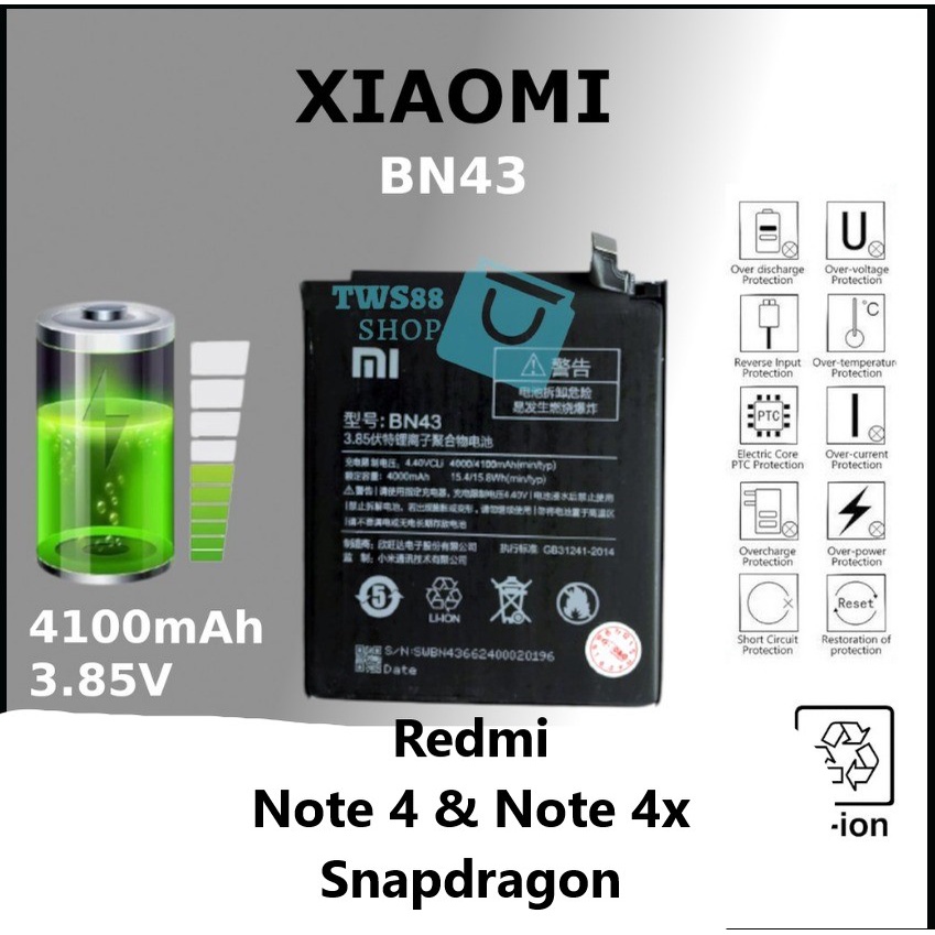 (TWS) Baterai Batre Battery Original Xiaomi Redmi Note 4X dan Note 4 yang pakai CPU Snapdragon BN43