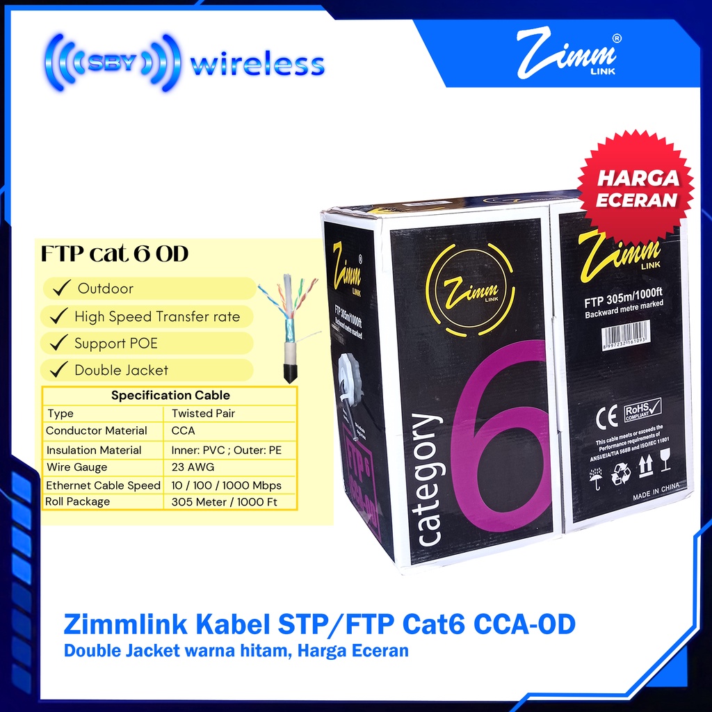 Kabel FTP / STP Cat6 Zimmlink CCA OD Outdoor, Double Jacket -  warna Hitam Zimm Link  ECERAN