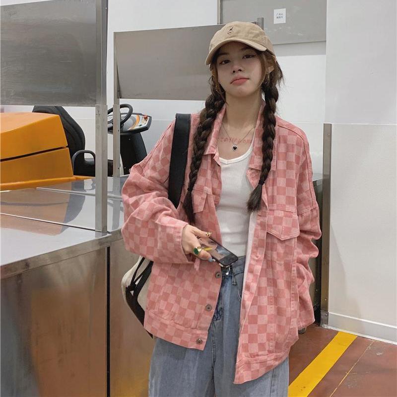 Pink Kotak-kotak Jaket Kotak-kotak untuk Siswa Perempuan Longgar Jaket