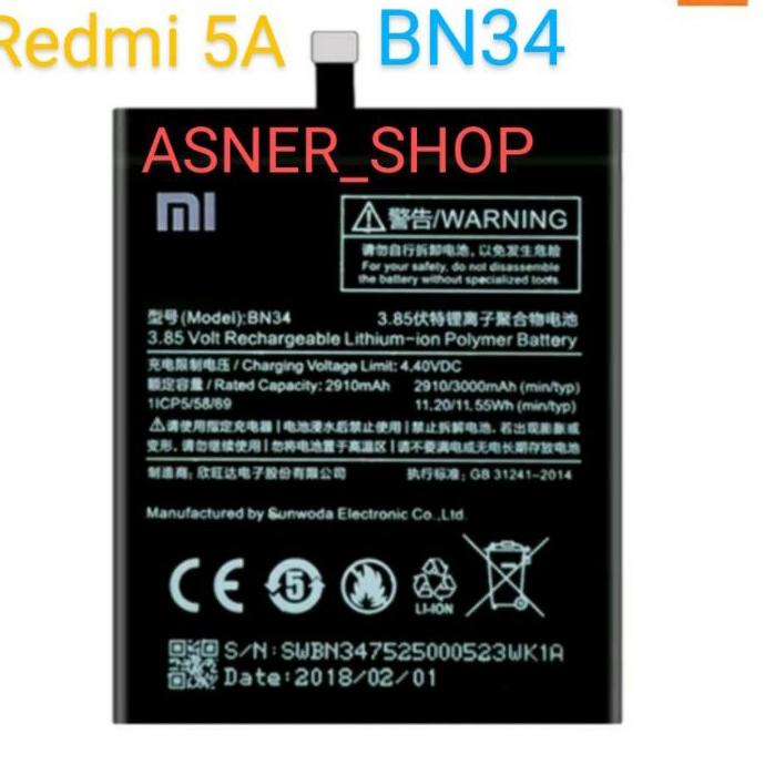 ₹ Baterai Xiaomi BN34 Bat Redmi 5A / Bateray Tanam Redmi5A Model Original ↓