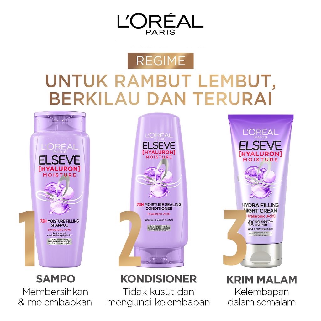 L’Oréal Paris ELSEVE Hyaluron Moisture Shampoo - Conditioner 280 ml - Hydra Filling Night Cream 150 ml (Hyaluronic Acid 72 Jam Mengunci Hidrasi Rambut) | LOREAL - TnT Beauty Shop