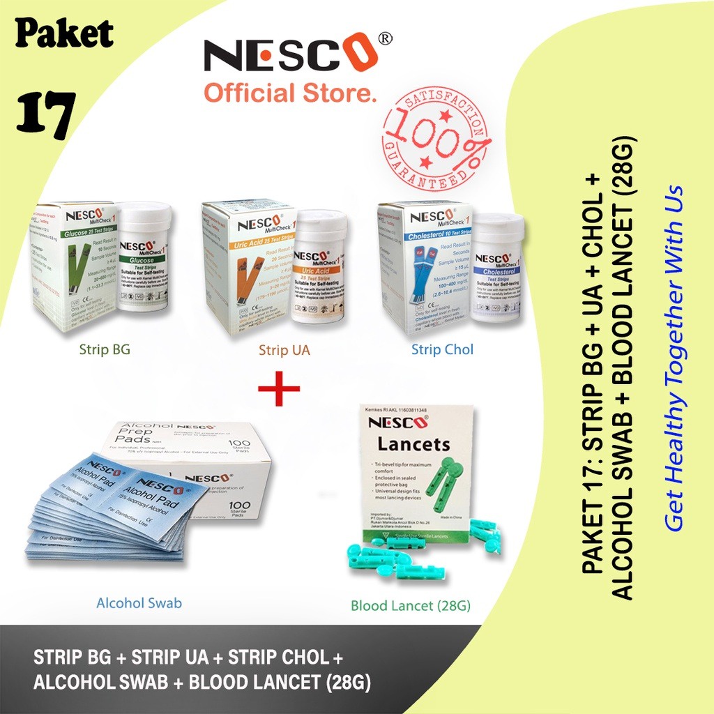 PAKET 17A (STRIP BG + STRIP UA + STRIP CHOL + BLOOD LANCET+ALCOHOL SWAB)