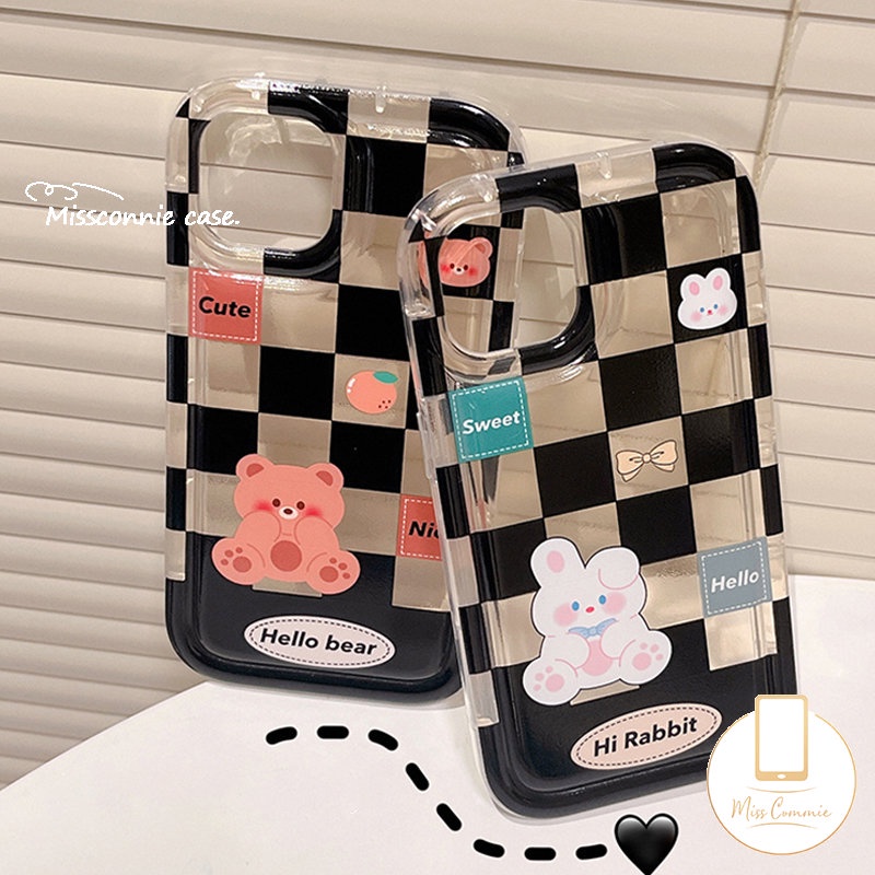 Casing Couple Case Kompatibel Untuk iPhone 7Plus 8Plus XR 11 14 13 12 Pro MAX 7 8 6 6S Plus X XS MAX Kotak-Kotak Beruang Lucu Kelinci Shockproof Airbag Soft TPU Lovers Phone Case