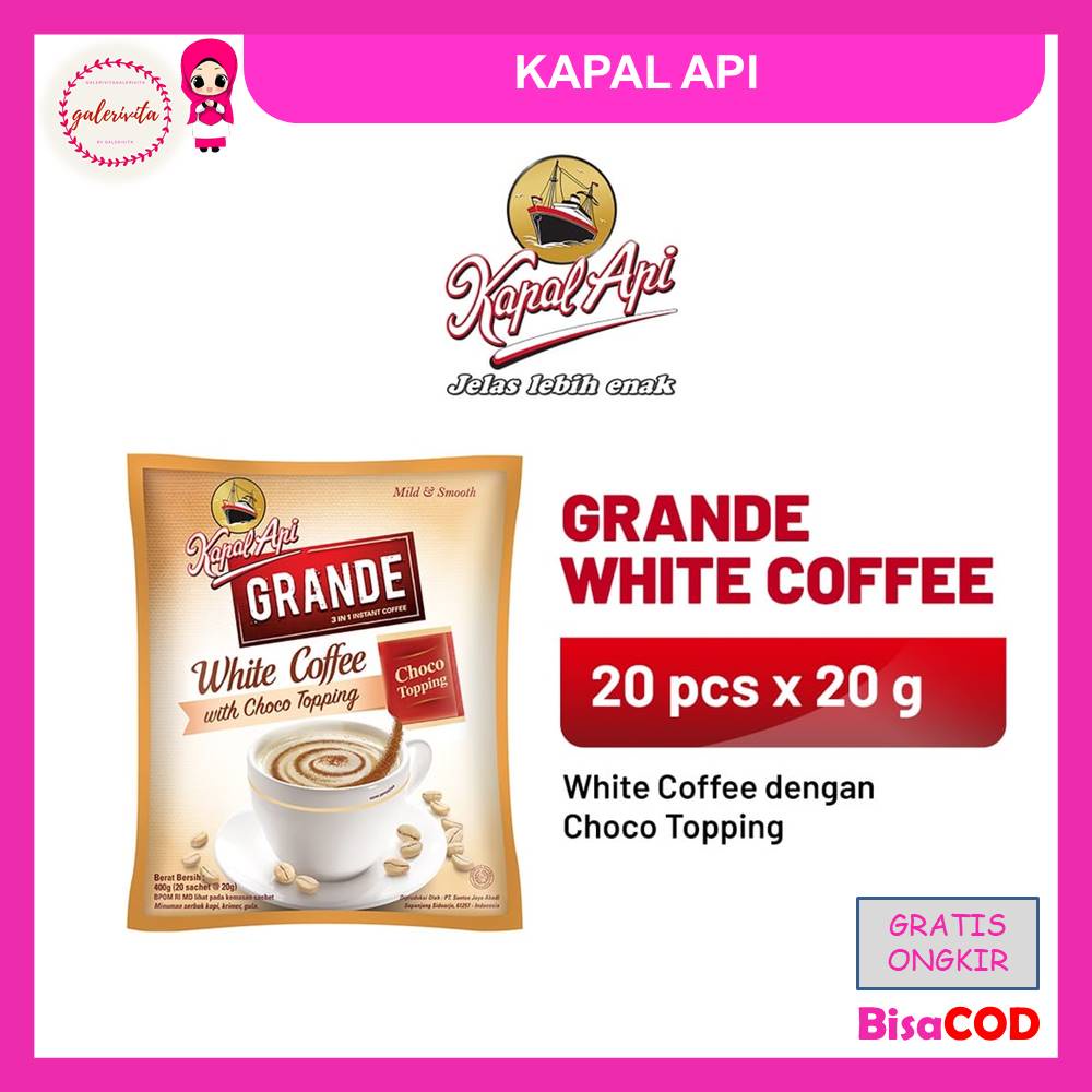 

Kapal Api Grande White Coffee Choco Topping 1 Bag ( Isi 20 Pcs x 20 Gram )