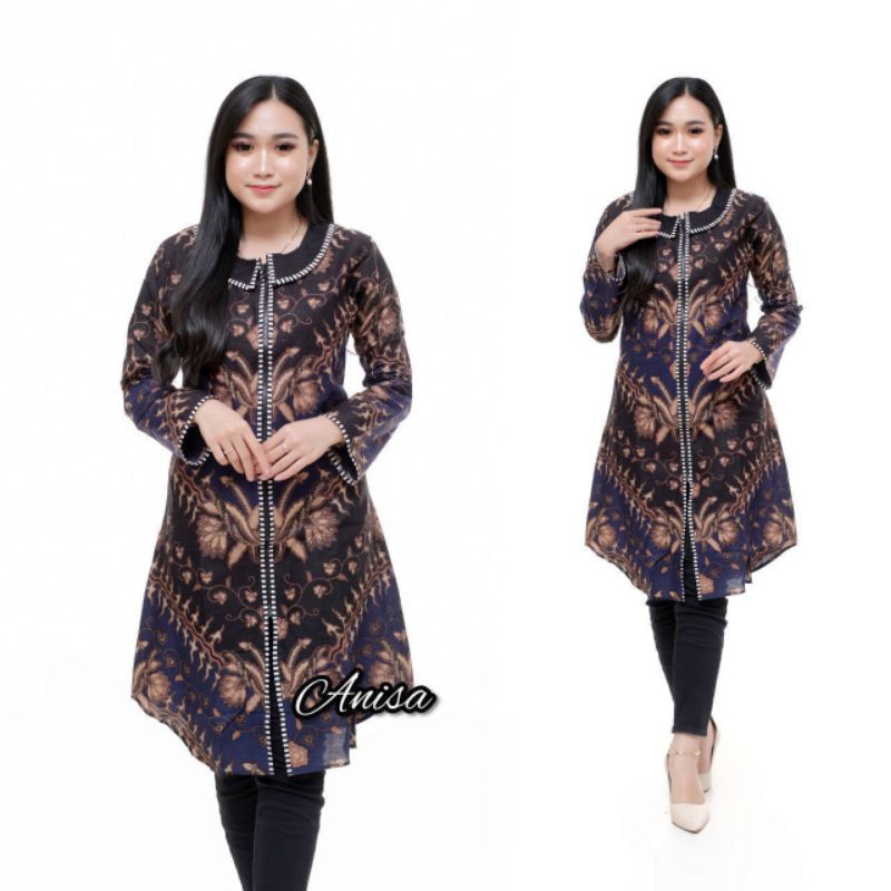 Dress Batik Tunik & Atasan Blouse Wanita Motif Keris Warna Biru Navy Kain Halus Katun Premium Ukuran