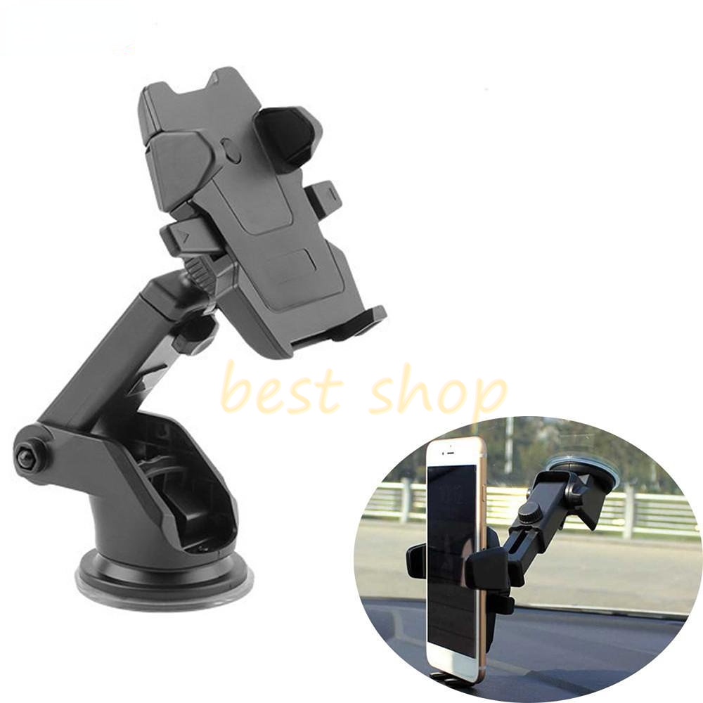 360putar Plastik Silicon Sucker Car Phone Holder Universal Leher Panjang Hitam Dashboard Mobil Berdiri Adjustable Windshield Mobile Mount