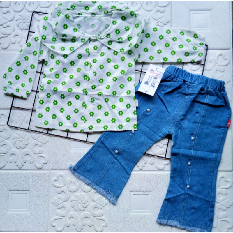 [0-4T] SETELAN BLOUSE KEMEJA CELANA JEANS ANAK PEREMPUAN IMPORT 0-4 TAHUN LENGAN PANJANG BLOUSE BUNGA FLOWER / SETELAN ANAK CEWEK IMPORT CELANA JEANS PANJANG BLOUSE KERAH BUNGA