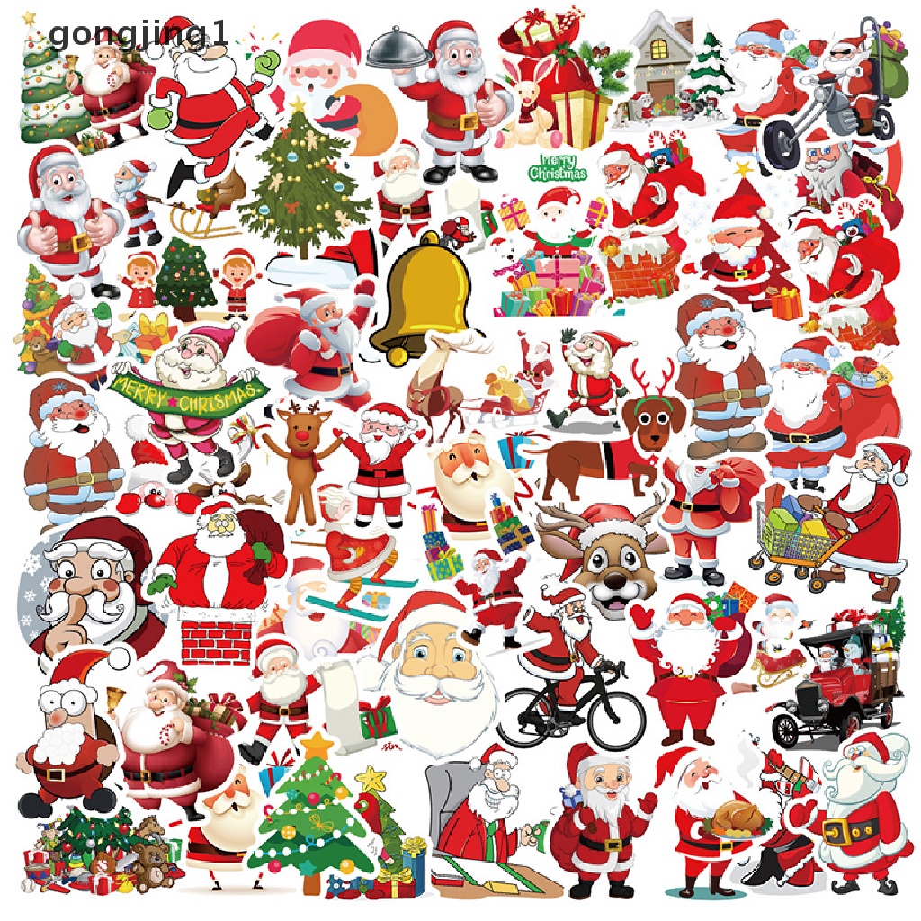 Ggg 50Pcs /bag Kartun Lucu Santa Claus Natal Graffiti Stiker Skuter Laptop Gitar Skateboard Koper Bagasi Tahan Air Tahun Baru Dekorasi Decals ID