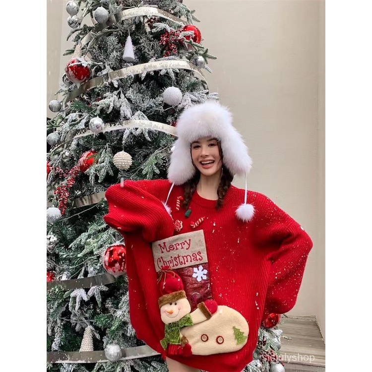 #Sisjuly# Jumper longgar wanita musim gugur dan musim dingin Natal merah kartun lucu atasan angin re