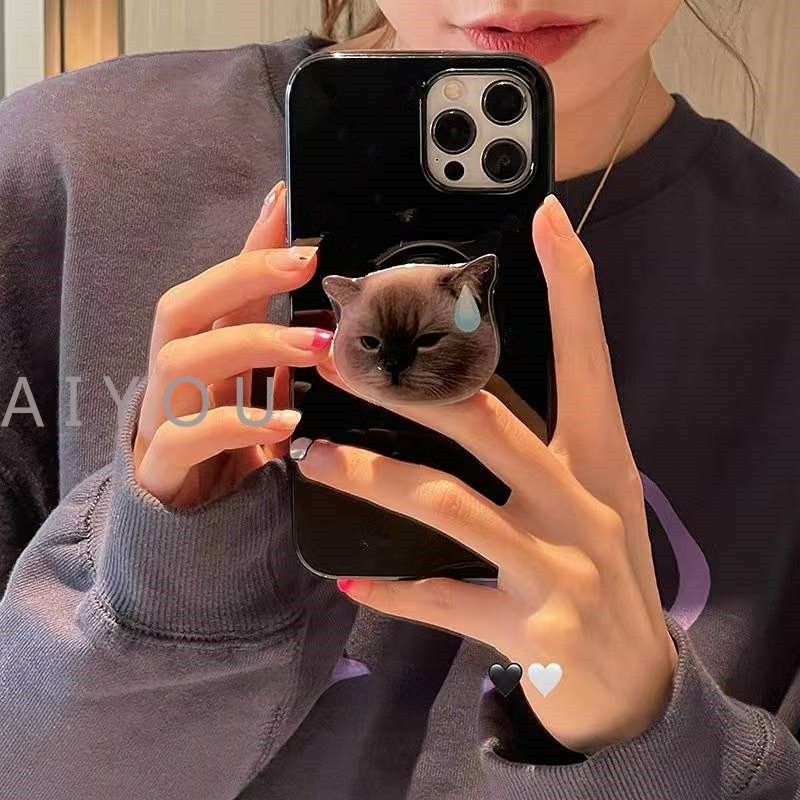 IPHONE Ins Cool Holder Stand Glossy Phone Case Untuk Iphone13 11 12 Pro Max XR X XS Max Mini7 8 Plus Se2020Hitam Lucu Butterfly Cat Cover