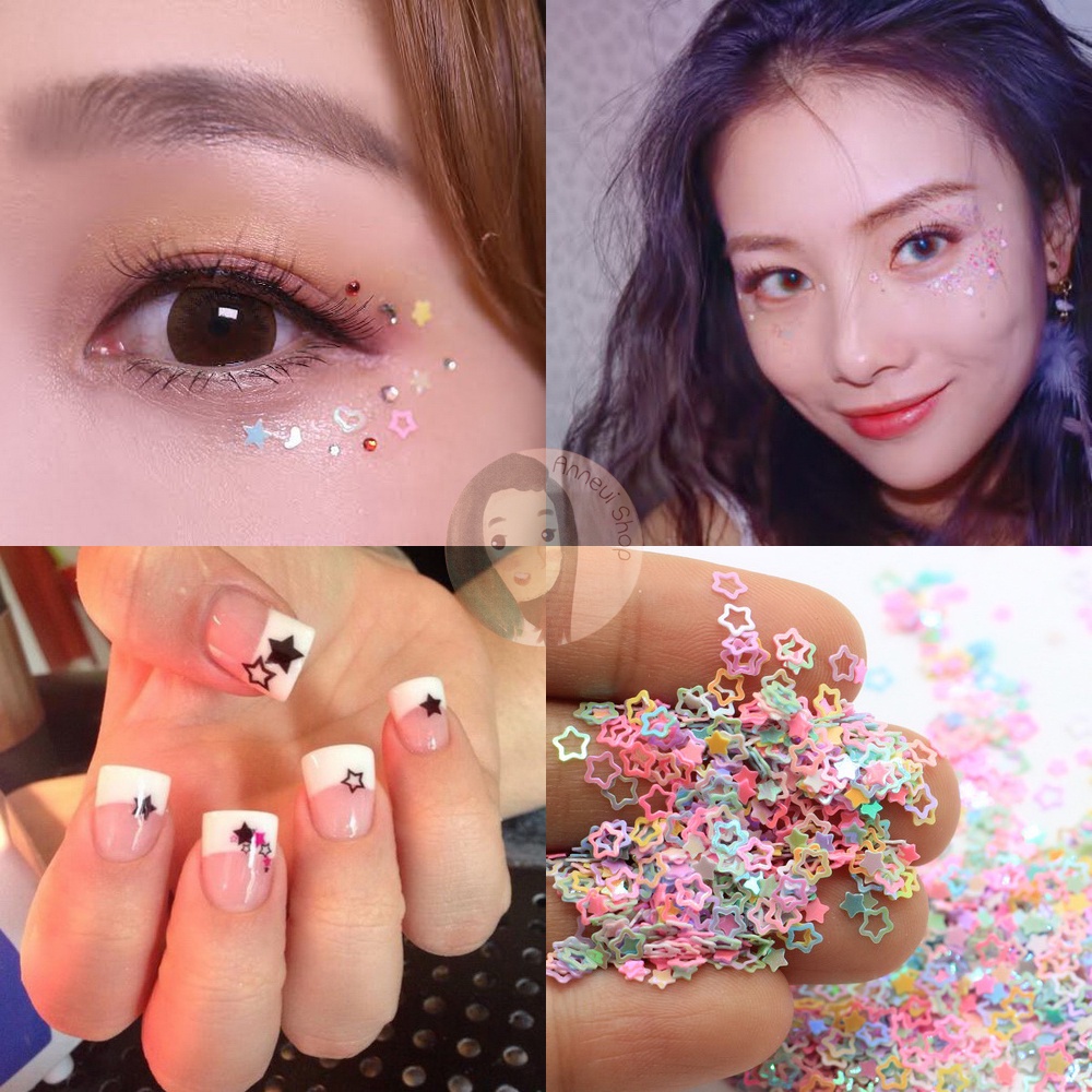 Part 1 - 500 pcs Mixed Hollow Star Heart Flower Glitter Sequins Nail Art Manik-manik Kuku Wajah Craft Kosmetik Hiasan Kuku Eye Korean Make Up Handphone Decorations Wedding Party Cosplay Beads Pastel Color Warna Warni