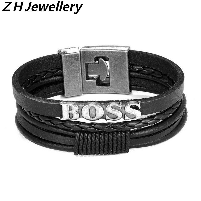 [Z H Jewelry] Hip Hop Pria Fashion Bos Gelang Kulit Multilayer Stainless Steel/Aksesoris Perhiasan Pesta Hip Hop