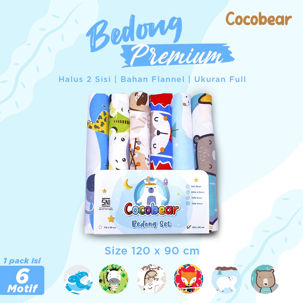 Bedong Bayi Motif Set 6in1 Premium Bahan Flanel Lembut Cocobear Ukuran 70/90/110/120